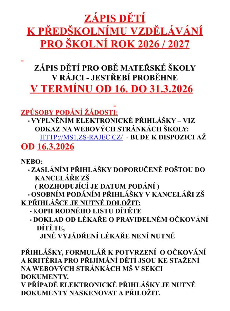 Zápis do MŠ pro školní rok 2026/2027
